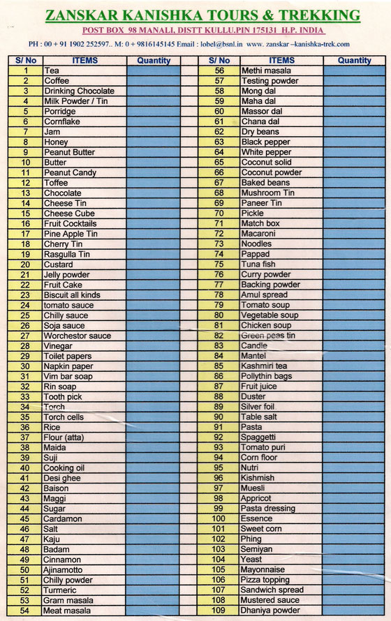 Food list for trekking